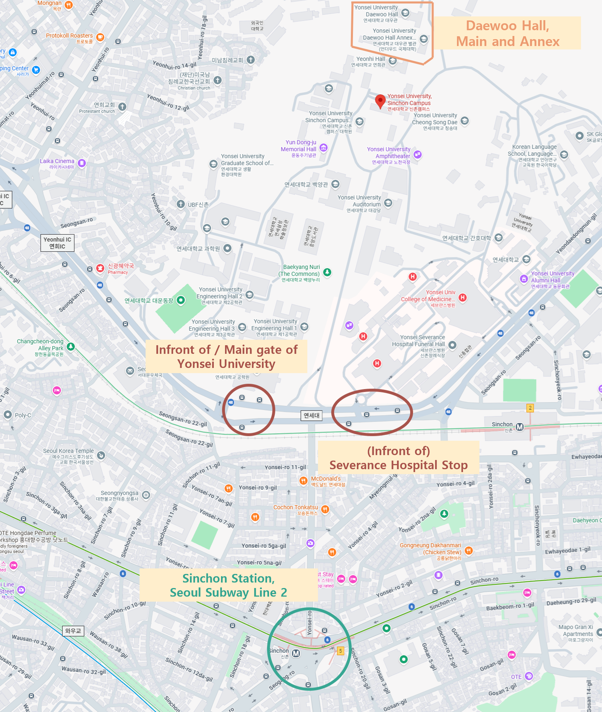 Map showing Sinchon Station, Yonsei University bus stops, and Daewoo Hall